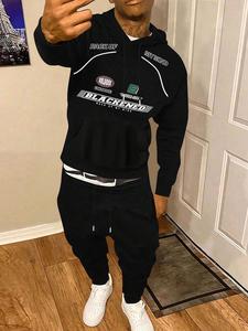 Men's Letter Print Drawstring Hoodie & Sweatpants Set, Casual Long Sleeve Hooded Sweatshirt & Jogger Pants, Two-Piece Outfits for Spring & Fall