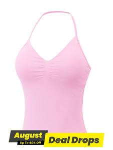 Women's Solid Halter Removable Chest Pad Sports Singlet, Sporty Backless Sleeveless Top for Yoga Gym Workout, Ladies Sportswear for Summer, Workout Clothes Women, Sleeveless Gym Tops, Athletic Style Activewear, Pink