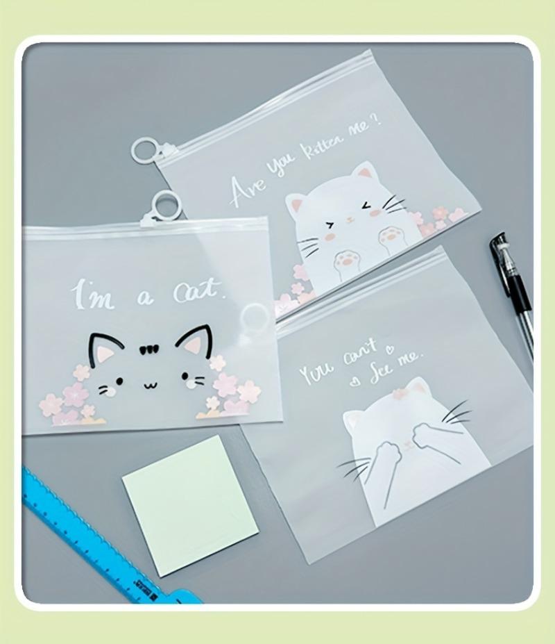 Product Introduction of 3PC Transparent A5 File Organizers - Cute Cartoon Cats, Large Capacity, Zipper Closure, Office Supplies 5