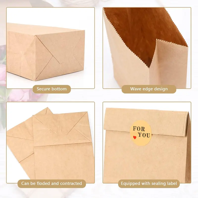 50 PCS Brown Paper Bags Medium- 13x8x24 CM Kraft Candy Paper Bags - Paper Candy Favor Bags with Stickers for Snack, Birthday, Wedding and Easter Xmas Party Supplier 2