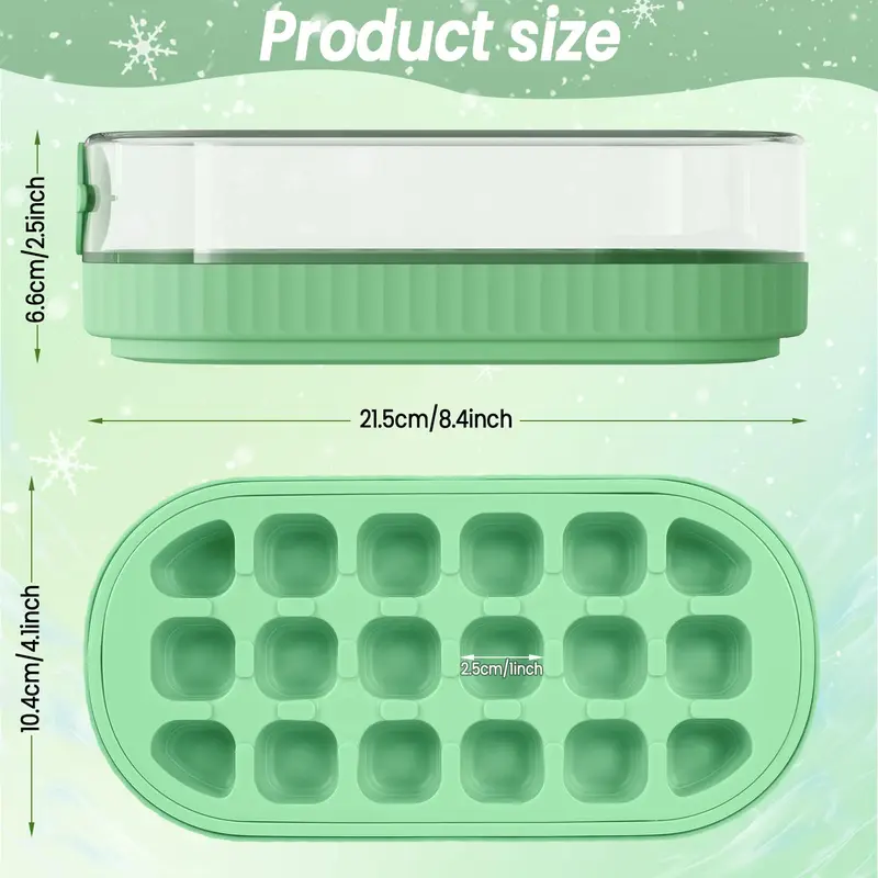 Ice Cube Tray with Lid and Bin, Press-Type Silicone 18PCs Ice Cube Moulds for Freezer, Easy Release, Quick Filling Without Touching, Ice Tray for Whiskey Cocktail, Tea, Coffee, Green 1