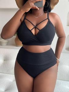 【Plus Size】 Criss Cross Cut Out Bikini Set, Solid Adjustable Strap Swim Top & High Waist Swim Bottom, Bathing Suits, Women's Swimwear for Summer, High Waisted Bikini, Criss Cross Swimsuits, Style Bikini