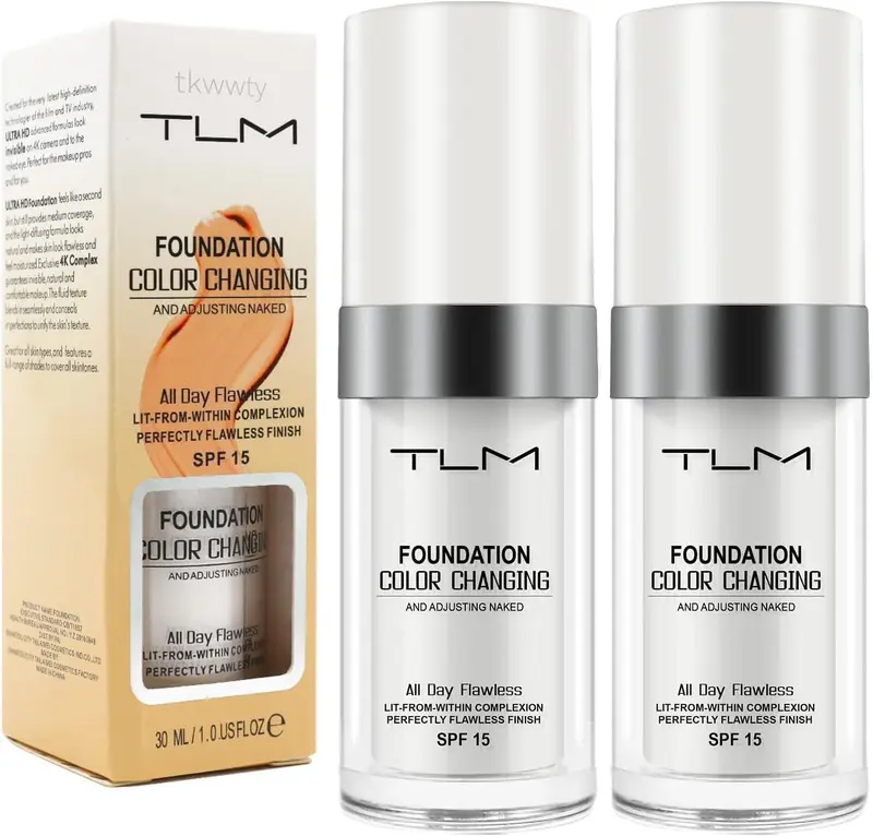 2 Pack TLM Color Changing Foundation For Aging Skin,Liquid Makeup Base Nude Face Cover Concealer Cream, Warm Skin Tone Moisturizing Cover, 30 mL 4