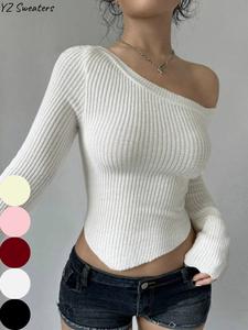 Women's Plain Asymmetrical Neck Crop Sweater, Casual Long Sleeve Asymmetrical Hem Jumper for Spring & Fall, Fashion Women's Knitwear for Daily Wear