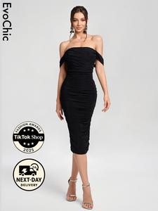 EvoChic Women's Wedding Guest Dress 2025 - Off Shoulder Ruched Bodycon Midi Cocktail Party Dress - Machine Washable & Fashion Award Winner 2025