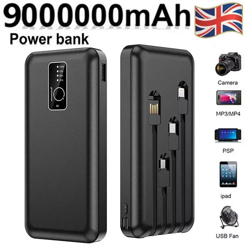 9000000mAh Power Bank Pack Fast Charger 4USB External Battery For Mobile Phone Compact Smartphone