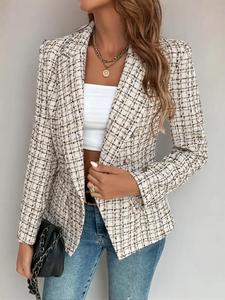Women's Plaid Print Button Lapel Blazer, Elegant Casual Fitted Chic Long Sleeve Outerwear for Autumn & Winter, Ladies Longsleeves Clothes for Work Office Business, Womenswear, Formal Business Suit, Fashion Blazer, Lapel Neckline Blazer Jackets