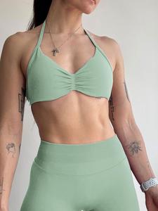 Women's Solid Color Ruched Design Halter Sports Bra, Casual Comfy Breathable Backless Bra for Yoga Gym Workout, Ladies Sportswear for All Seasons, Workout Clothes Women