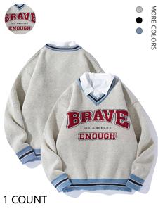 Men's 2-IN-1 Letter Print Drop Shoulder Collared Sweater, Loose Casual Preppy Striped Trim Long Sleeve Button Jumper for Spring & Fall, Fashion Men's Knitwear for Daily Wear, Striped Pullover