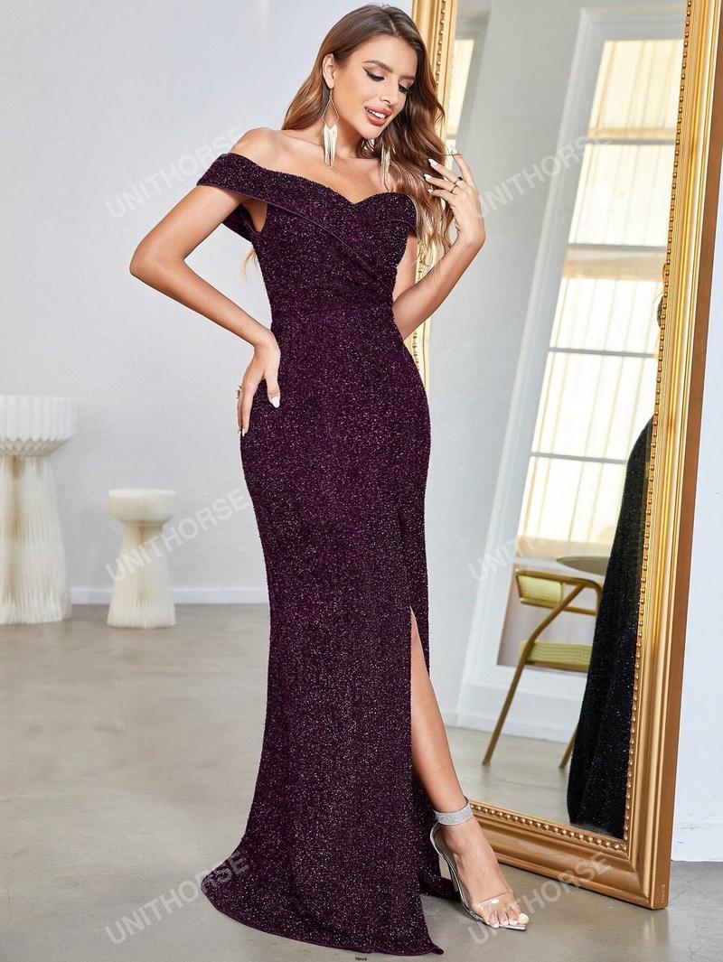 Product Introduction of Sequin Thigh Split Shoulder Plus Cold Formal Dress 40