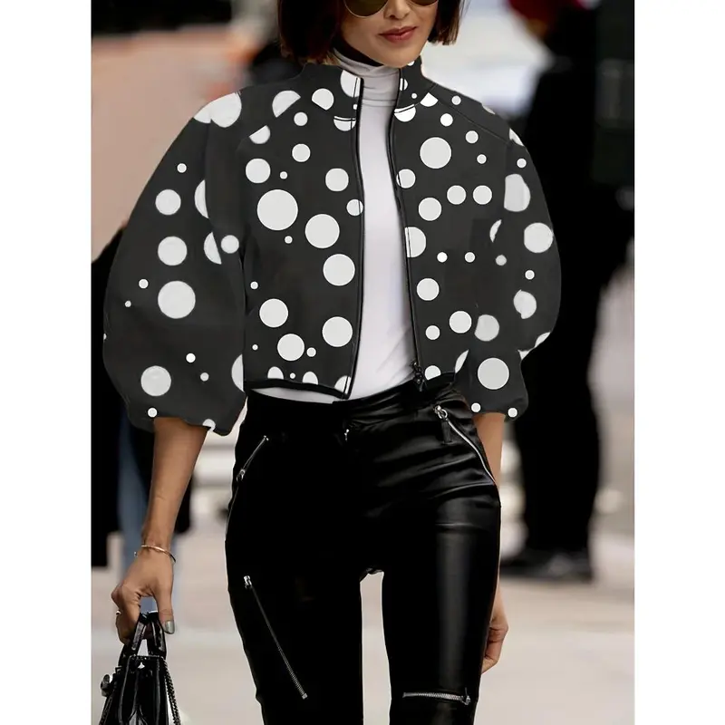 Polka-dot Print Zipper Crop Jacket, Casual Lantern Sleeve Jacket For Spring & Fall, Women's Clothing 4