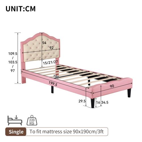 3ft/4ft6 Double Upholstered Bed Frame with Adjustable Chic Button-Tufted Headboard, PU Faux Leather Bed Frame with Solid Wood Slat, No Box Spring Needed, Easy Assembly, Pink+Beige (No Mattress) 8