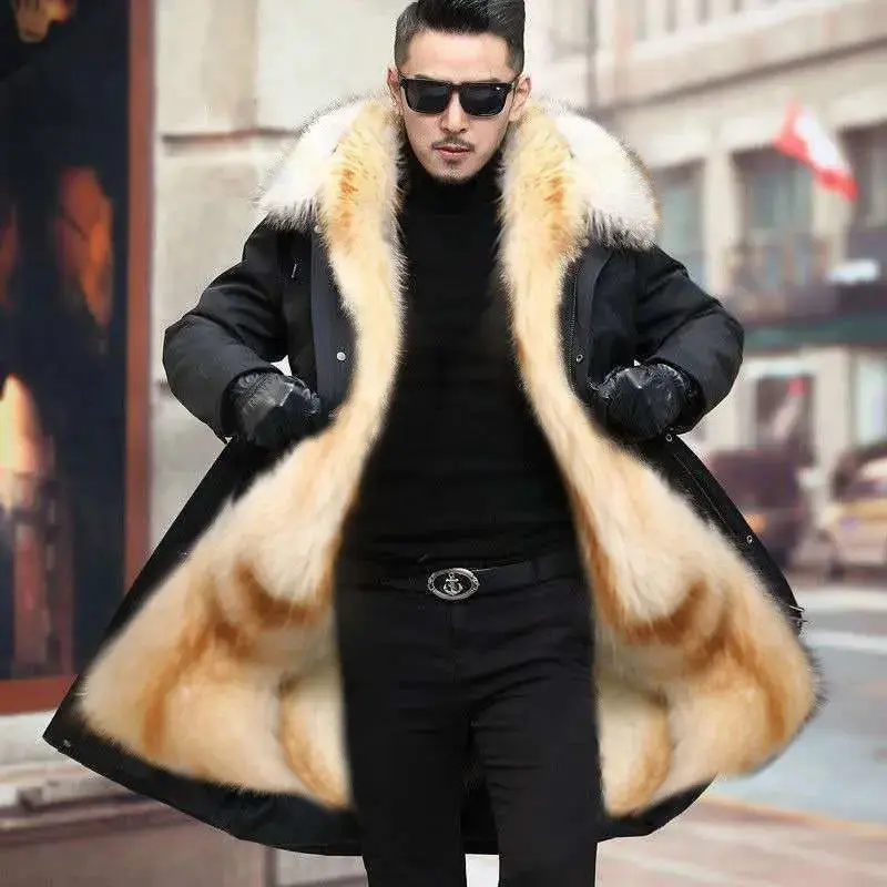 HANZANGL Men's Fur Coat 2022 Winter High Quality Fashion With Fur Hooded Lined Thick Warm Parkas Outerwear Mid-length With Long Menswear Jackets Clothing Casual Fabric Sleeve Zipper Collar Layer Relaxed Fit Stylish Tops 0