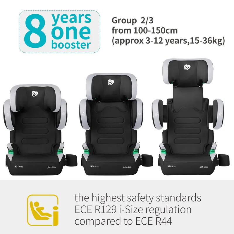 globalkids i-Size High Back Booster Car Seat, Group 2/3 ISOFIX Toddler Car Seat, with Cup Holder, Adjustable Headrest/Backrest/Width, 3–12 Years, 15-36 kg, 100cm-150cm, Black 2