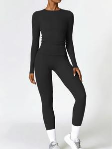 Two-Piece Set Women's Solid Long Sleeve Tee & High Waist Leggings Set, Casual Round Neck Top & Skinny Pants for Daily Wear, Ladies Two-piece Outfits for All Seasons