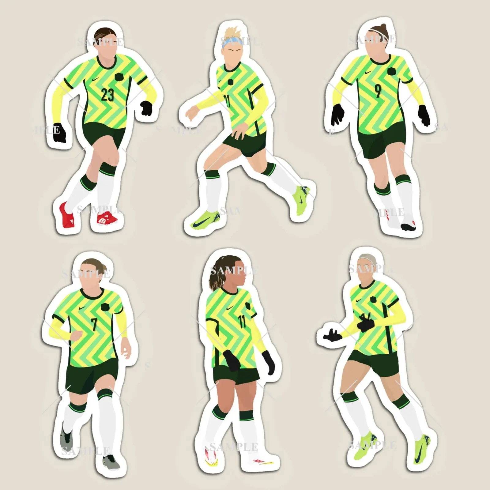 Matildas 2025 Football Players Stickers or Magnets (Kennedy, Catley, Cooney-Cross, Foord, Carpenter & Fowler)