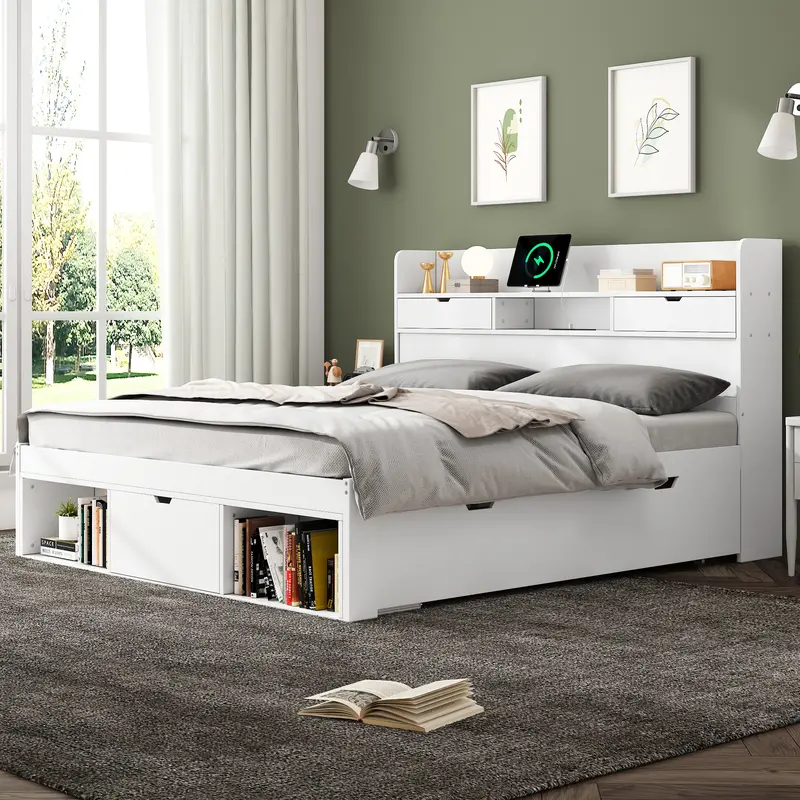 Double bed, Double Bed-4ft6(135*190cm), With USB port & drawers & storage cabinet, Children's bed, Youth bed, Multifunctional bed, Large storage space, without mattress, white 2