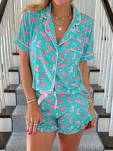 Two-Piece Set Women's Pajama, Casual Comfy Short Sleeve Collared Shirt & Shorts PJ Set, Ladies Sleepwear for Summer