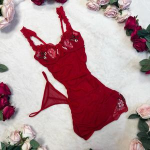 LILIOSA LINGERIE Womenswear Rosey Floral Red Babydoll & Thong Set with Lace Detail Straps and Ruched Flower for Spring Summer Comfort Breathable Comfortable Feminine Matching Adjustable Fit Fabric Day Lightweight Prints Smooth , Warmer Weather Lingerie,