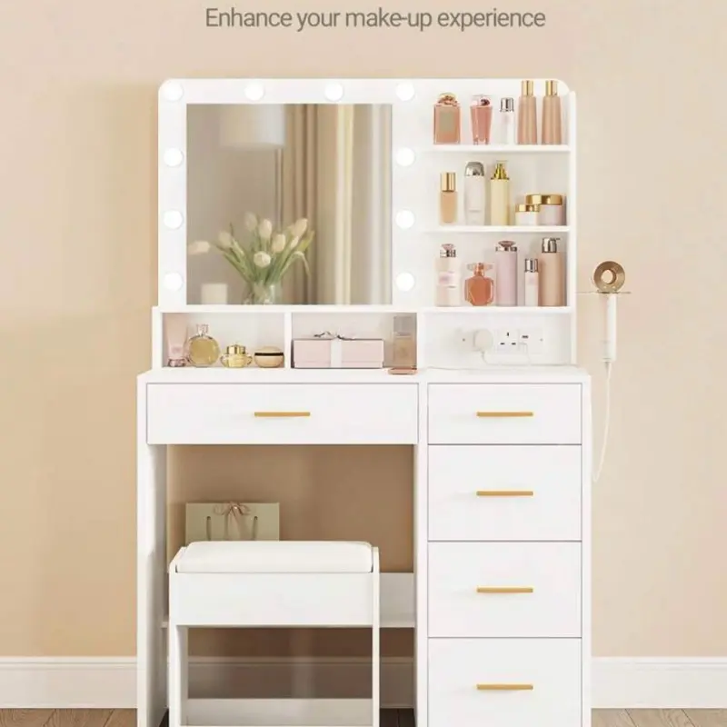 Hzuaneri Dressing Table with 3-Colour LED, Vanity Table with Plug and Large Mirror, Stool and Hairdryer Holder, Multi-Drawer Dressing Table, 6 Open Storage Areas, White 3