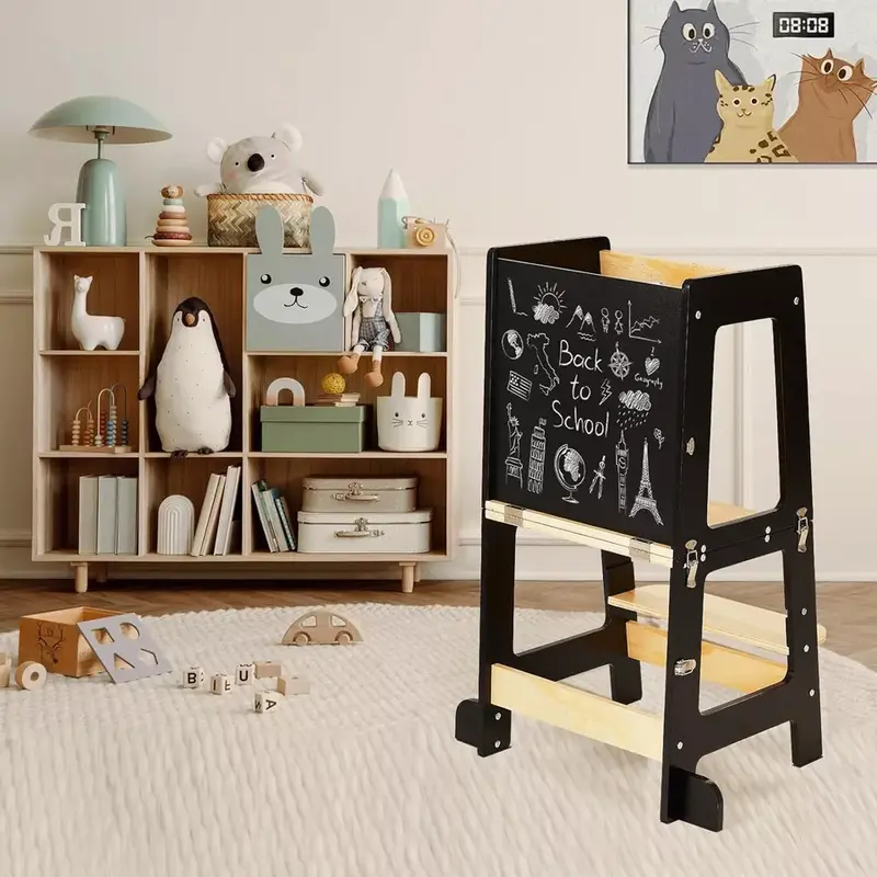 3-in-1 Toddler Learning Tower Kids Step Stool & Mini Desk with Safety Rail Black And white 6