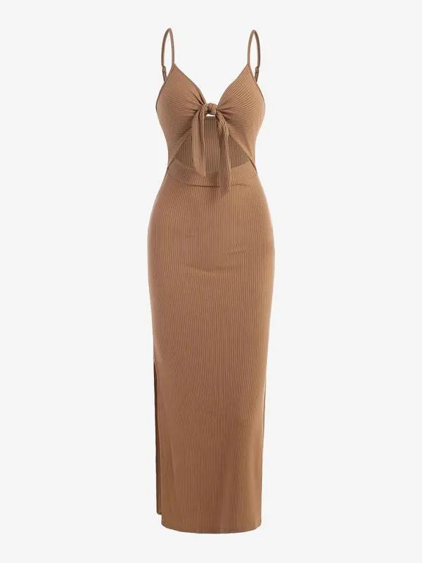 Women's Plain/denim-effect Print Cut Out Knot Front Cami Dress, Sexy Printed Backless Split Ribbed Bodycon Long Dress, Ladies Summer Clothes for Party Club Dating Wear Valentine's Day, Gift,  Red Dress 5