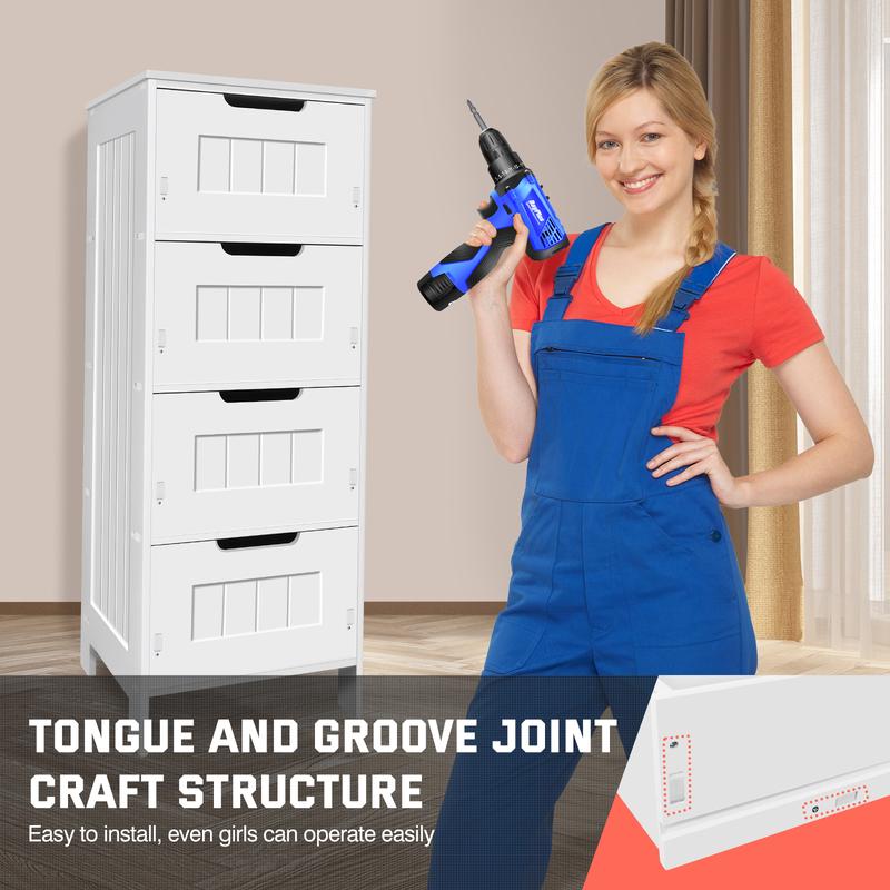 4-Drawer Floor Standing Cabinet Unit - Bathroom Storage With Drawers - Wooden Chest of Drawers - White Tall Cupboard  30x30x81cm 4