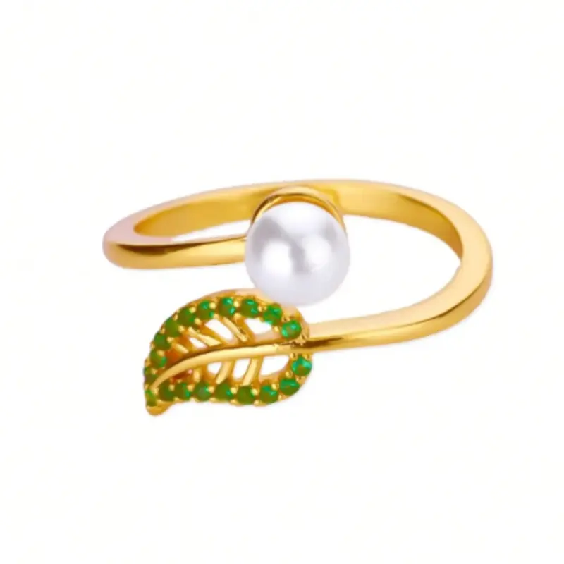 Open Zirconia Leaf Rings for Women Adjustable Gold Pearl Ring 2025 New Fashion Wedding Jewelry Gift for Couple 4