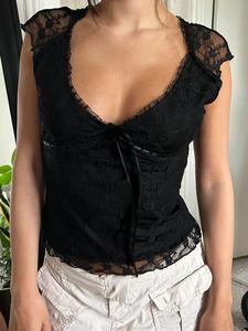 Women's Plain Bow Decor Lace V Neck Tee, Casual Elegant Cap Sleeve T-Shirt for Summer, Ladies Clothes for Daily Wear, Vest Tops, Womenswear