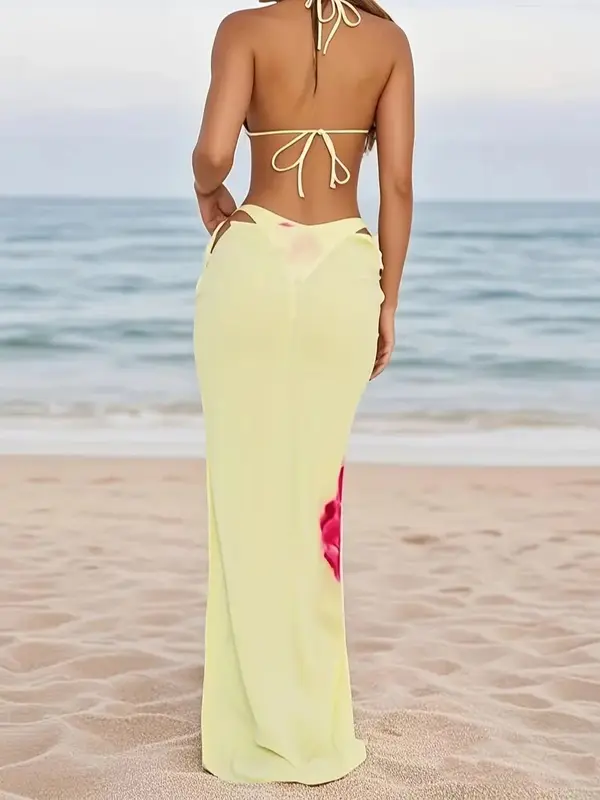 Summer Trend 3pcs Women'S Fashion Sexy Bikini Set with Floral Print, Wrap Skirt, and Strapless Top - High Stretch Fabric, Ideal for Casual Beach and Pool Swimsuit 2