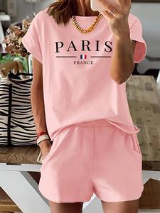 Women's Letter & Flag Print Two-piece Set, Short Sleeve Tee & Elastic Waist Shorts Set, Casual Round Neck T-shirt & Pocket Shorts for Summer, Ladies Clothes for Daily Wear, Casual Fashion Set