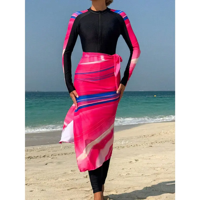 Swim Shayni Women Color Block Patchwork Marble Pattern Zip-Up Long Sleeve One Piece Swimsuit & Pants & Cover Up Skirt, For Summer Beach Vacation Arabic Clothing 4