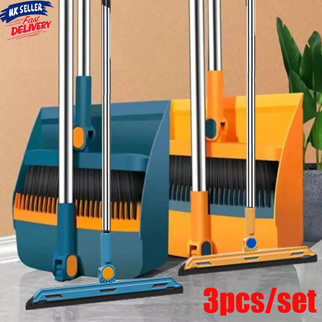 Long Handled Dustpan and Brush Set Strong Metal Handle Dust Pan & Broom Sweeper