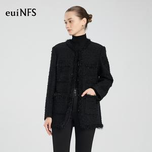 【euiNFS】Women’s Elegant Tweed Bouclé Jacket | Classic Black Textured Long Coat | Chic French-Style Cardigan Blazer | Winter Vintage Outerwear【E413138】
