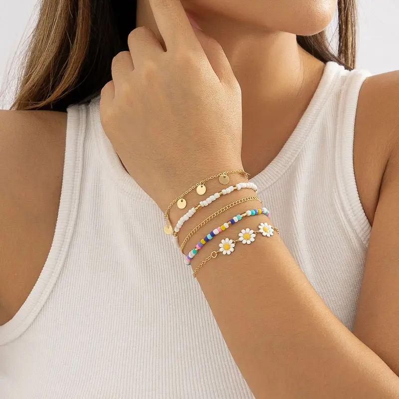 5Pcs Beaded Flower Chain Bracelet Set - 2025 Spring Summer Trendy Boho Jewelry for Women | Y2K Dainty Stackable Wrist Candy | Gold Silver Minimalist Handmade Accessories 0
