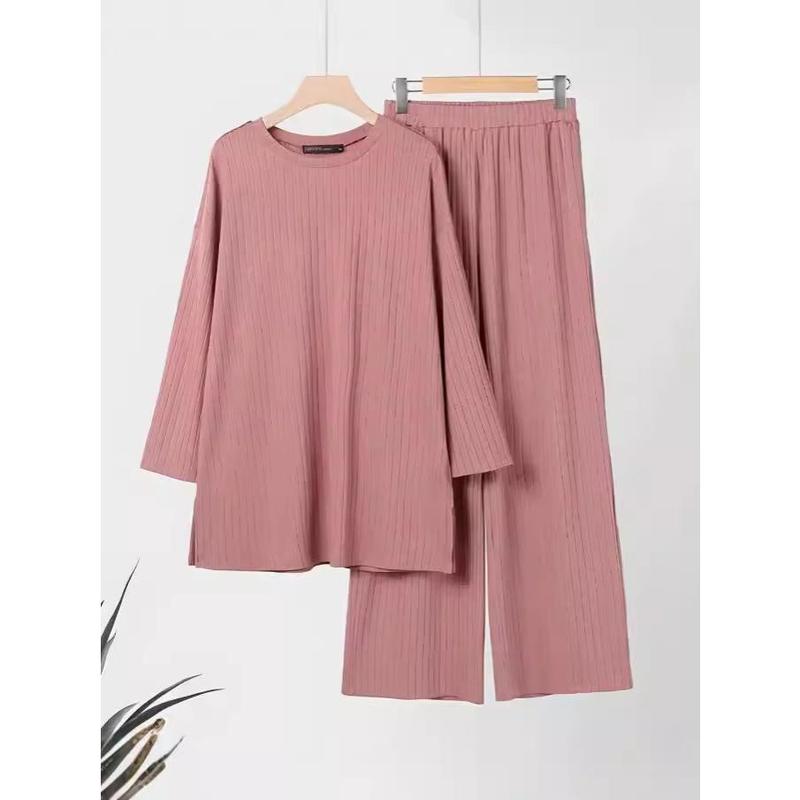 2023 Autumn and Winter New Women's Long Sleeve Top Wide Leg Pants Suit Solid Color Casual Sportswear 2 Piece Set 3