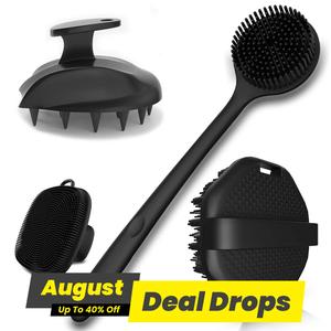 Silicone Body Care Brush Set, 4 Counts/set Long Handle Back Brush & Facial Brush & Bath Brush & Hair Brush, Professional Skin Care Tool for Home & Travel, Exfoliating Brush, Black Body Back Scrubber, Shower Cleaning Brush