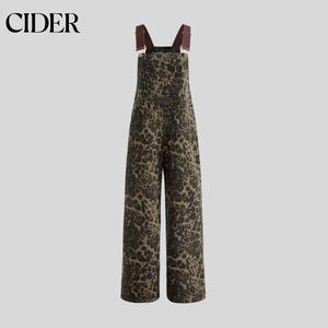 Cider [2 colors, size 4-28] Denim Animal Print Pocket Overall, Oversized Wide-Leg Style Jumpsuit, Lady Casual Wear, Comfort Fit, Vintage Urban Outfit, Fitted Leopard Womenswear Fitted