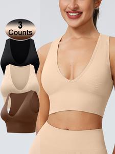 Women's Solid Deep V Neck Sports Bra, Breathable Comfortable Removable Chest Pads Crop Tank Top, Gymclothes, Ladies Sportswear for Indoor Outdoor Exercise Wear, Workout Clothes Women, Bras Women, Summer Athletic Wear