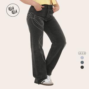 RELA RELA Women's Viral Stretchy Relaxed Mid-Waist Rhinestone Bow Detail Jeans UK 6-18 Denim Womenswear