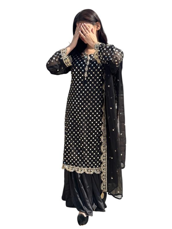 MI CLOSET  PERSENT ON EID COLLECTION with chiffon shirt and dupata emboidry tilla and sheesha work on allover sher and borders matha pati with heavy work with on neck fancy stud pati beauti full article grip inner silk palazo sharara style tailor stitch 0