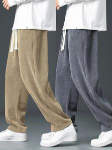 Men's Solid Drawstring Waist Corduroy Pants, Casual Comfy Pocket Trousers for Fall & Winter, Men's Bottoms for Daily Wear
