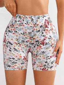 Women's Floral Print Seamless Gym Shorts, Casual Comfy Breathable Skinny Shorts for Yoga Gym Workout Running, Ladies Sportswear for All Seasons