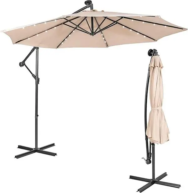 COSTWAY Garden Cantilever Parasol, Outdoor Offset Banana Hanging Umbrella with Solar-Powered LED Lights and Tilted Design, Sun Shade Canopy for Poolside, Deck & Patio
