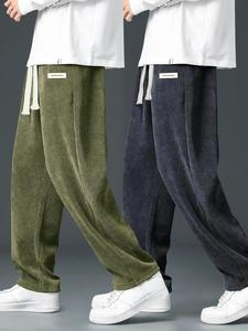 Men's Letter Patched Side Corduroy Pants, Casual Comfy Straight Leg Trousers for Fall & Winter, Men's Bottoms for Daily Wear