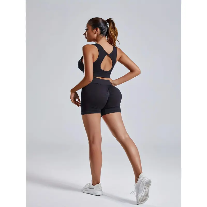 Women'S Seamless Sports Yoga Set, Summer New High Stretch Knit Fabric, Solid Color Polyamide 90% Elastane 10%, Short Length Fitness Gym Wear with Backless Bra and Butt Lifting Yoga Pants 4