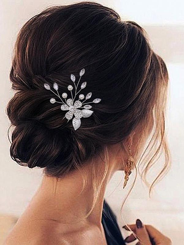 1pc Women's Handmade Silver Floral Rhinestone Inlaid U-Shaped Hairpin For Bridal Wedding Hair Accessory Elegant 3