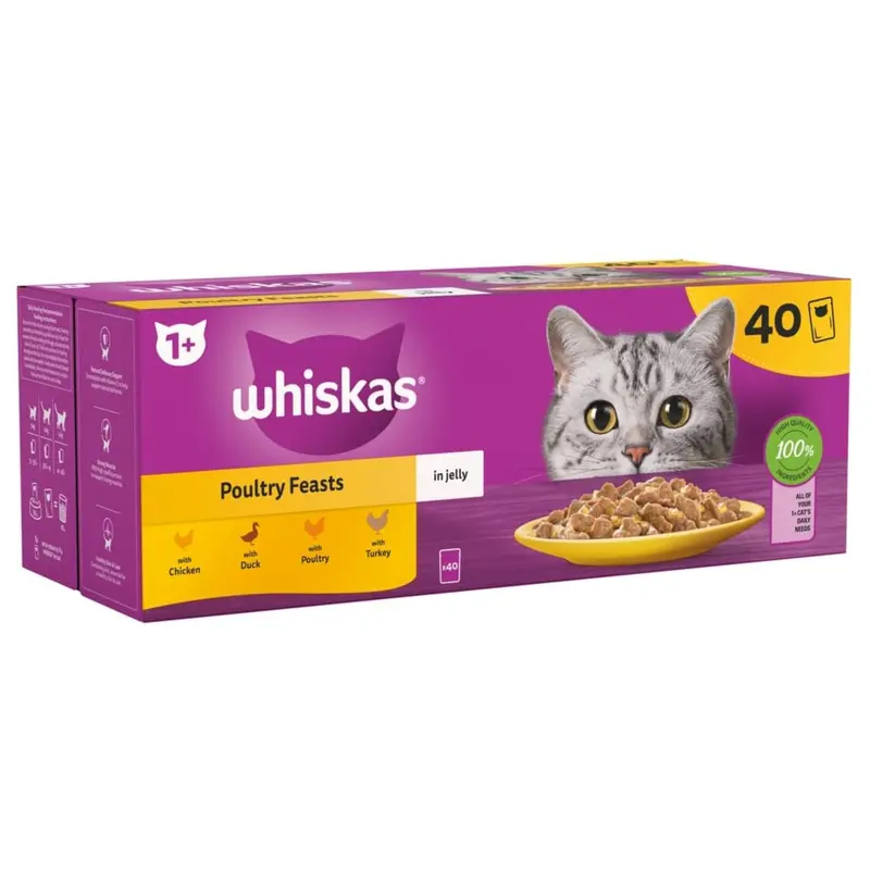 WHISKAS - 1+ Adult Wet Cat Food Pouches - 40 x 85 g - Poultry Selection - Bulk Cat Food Megapack - 40 Jelly Pouches 0