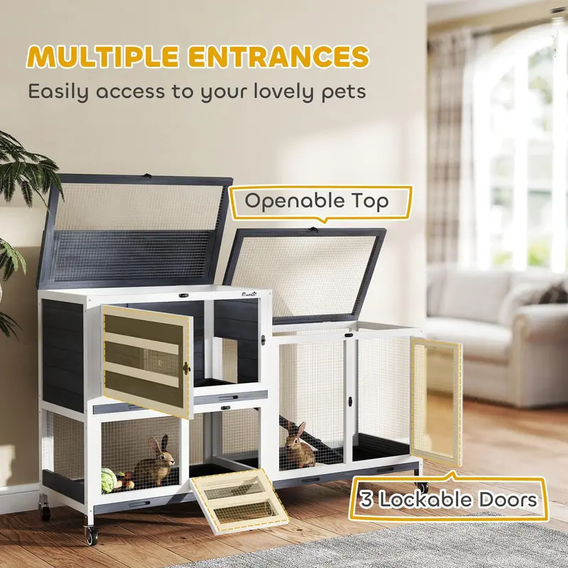 Wooden Rabbit Hutch with Run 2 Tier Guinea Pig Cage on Wheels 3 Trays 2 Openable Tops by PawHut 6