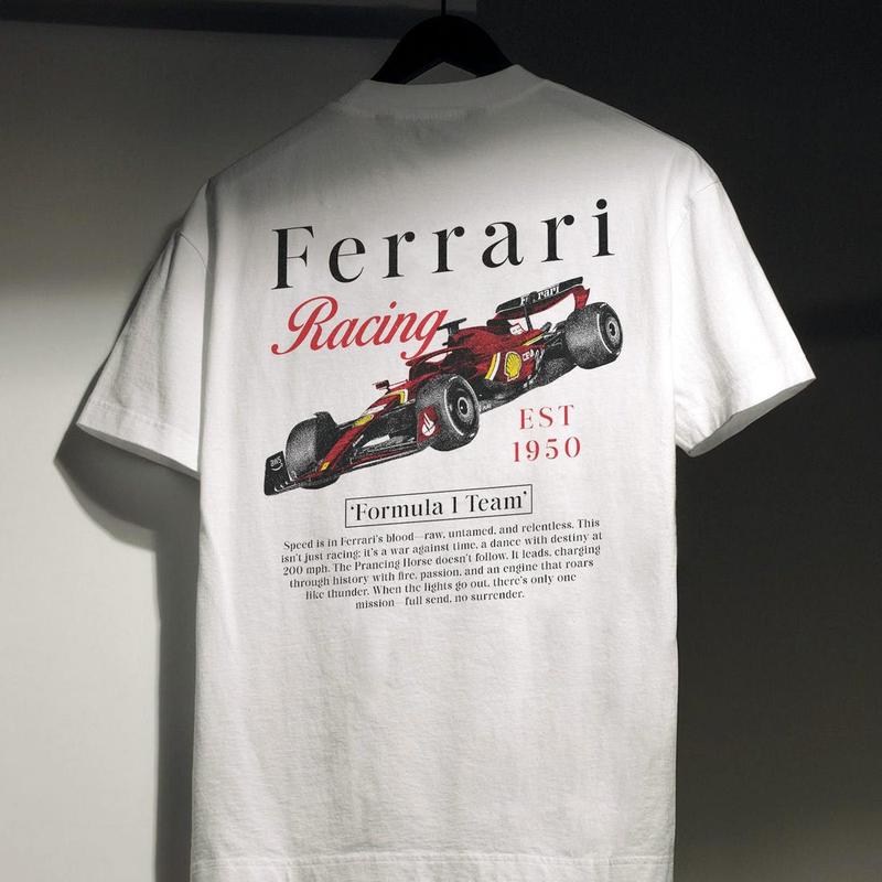 Ferrari F1 Racing T-Shirt, Heavyweight Streetwear Tee, Printed Back Graphic Shirt, Formula 1 Motorsports Fan Apparel 0